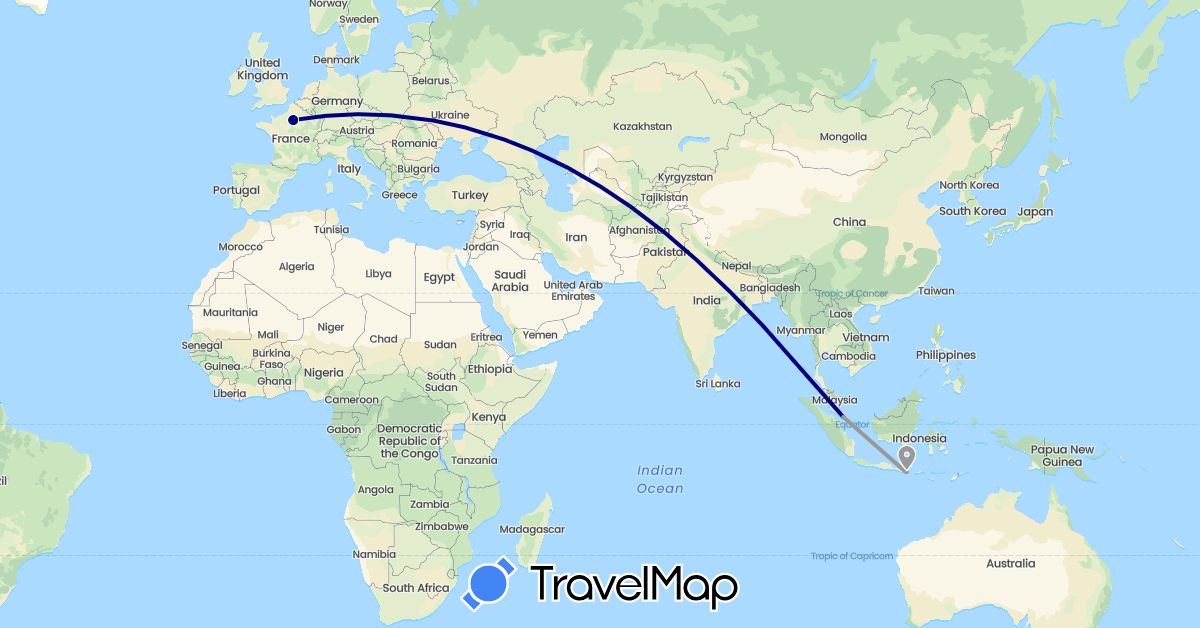 TravelMap itinerary: driving, plane in France, Indonesia, Singapore (Asia, Europe)